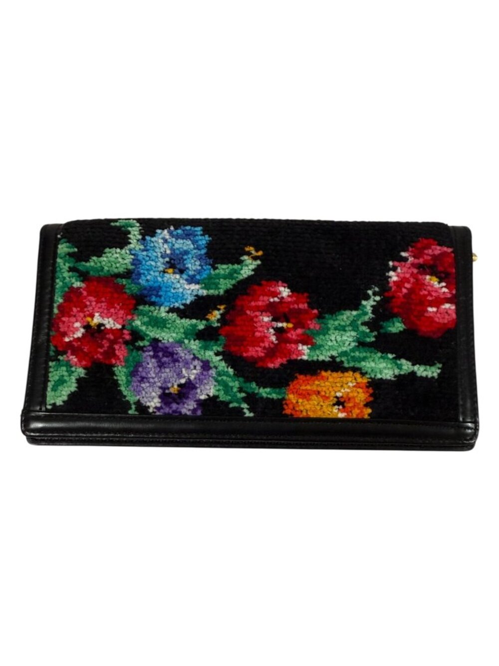 Vintage Lake Alster Black Floral Needlepoint Wallet Leather Grannycore Boho